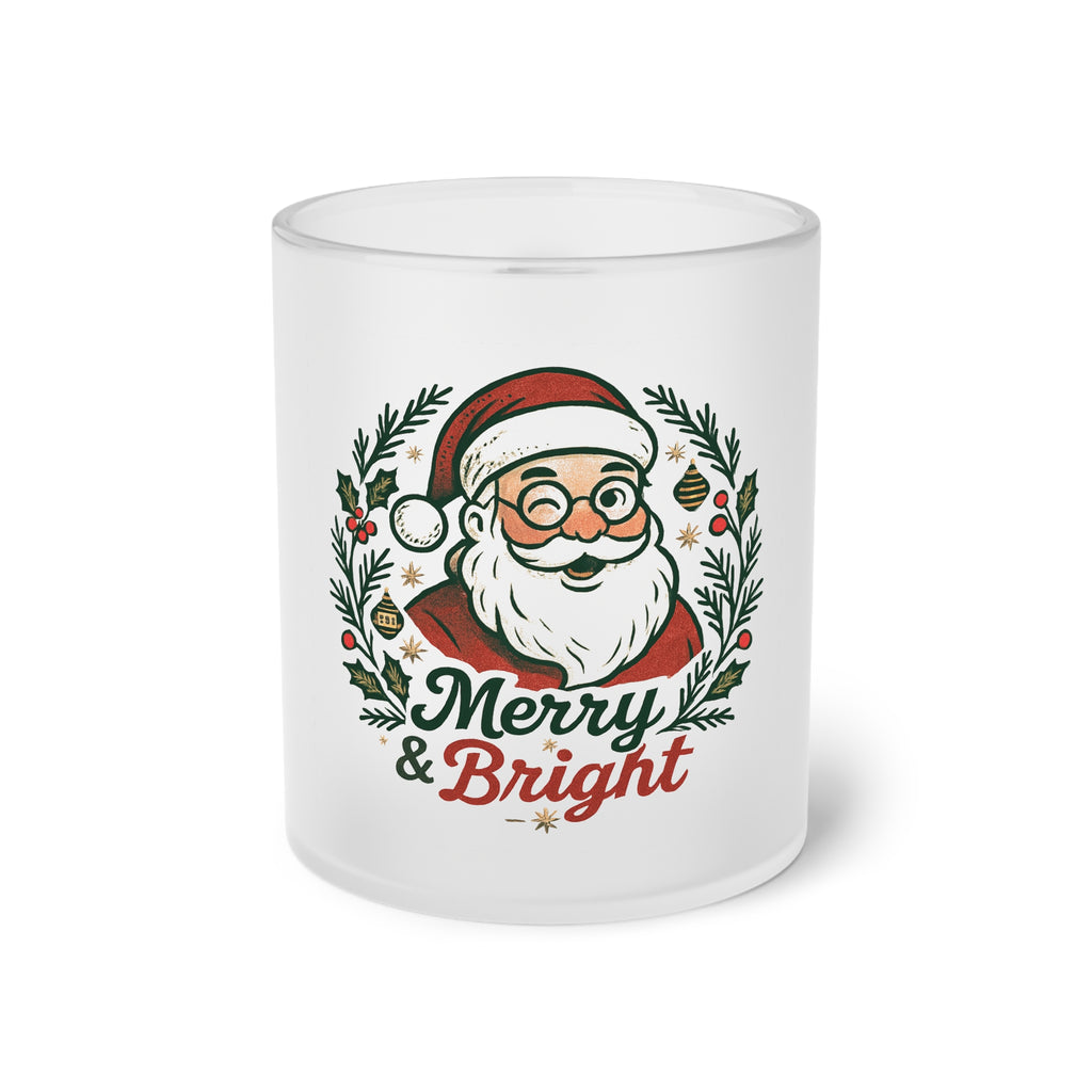 Merry & Bright Frosted Glass Mug — Vintage Santa Christmas Coffee Cup