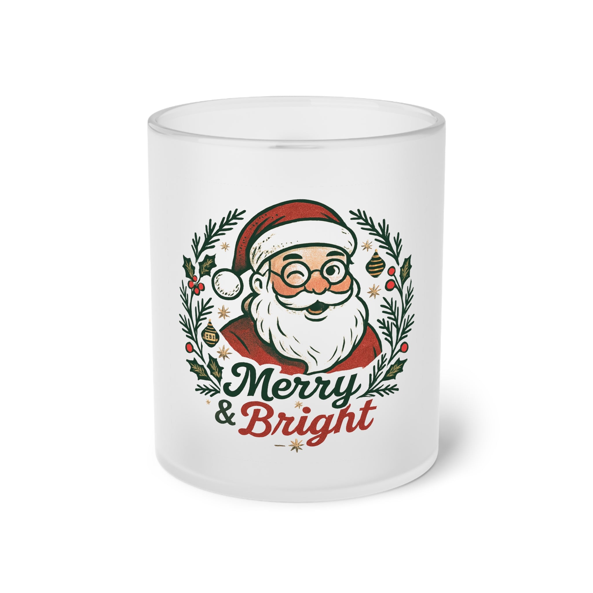 Merry & Bright Frosted Glass Mug — Vintage Santa Christmas Coffee Cup