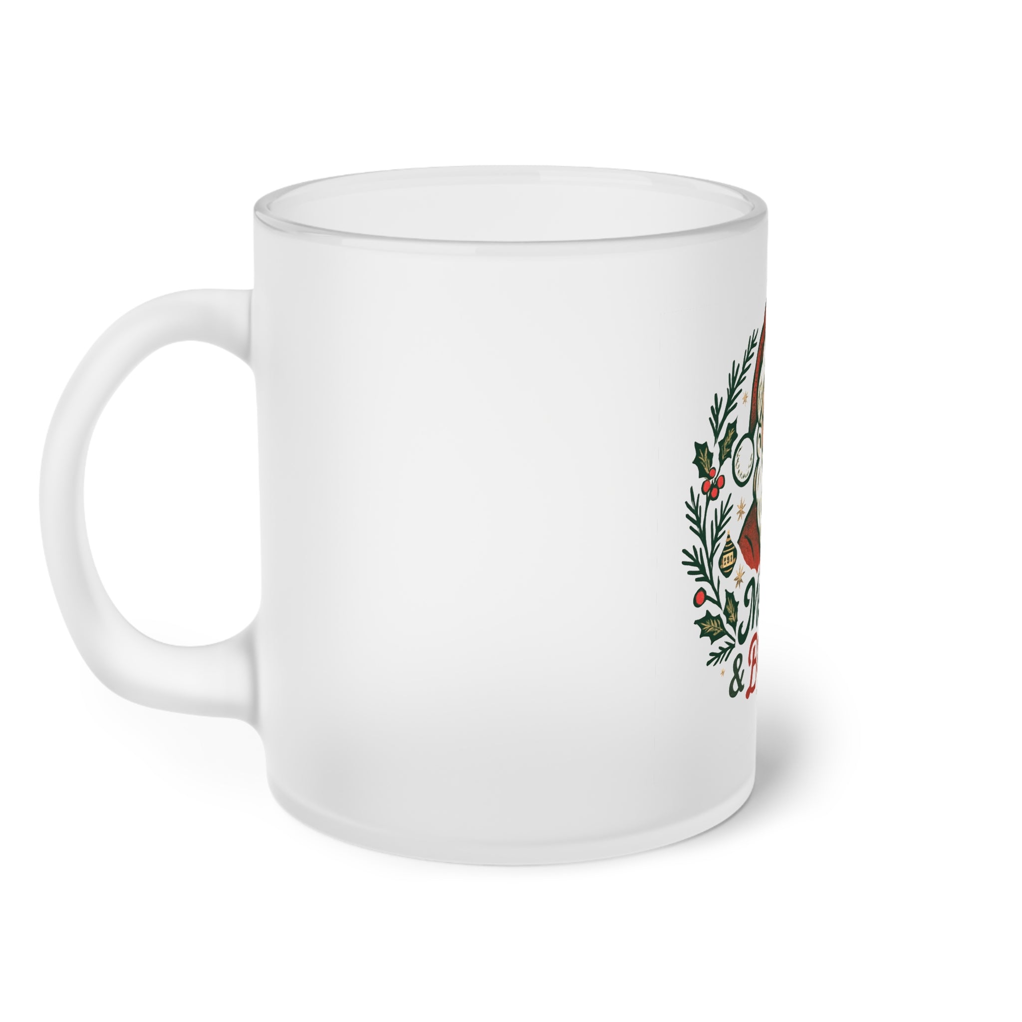 Merry & Bright Frosted Glass Mug — Vintage Santa Christmas Coffee Cup